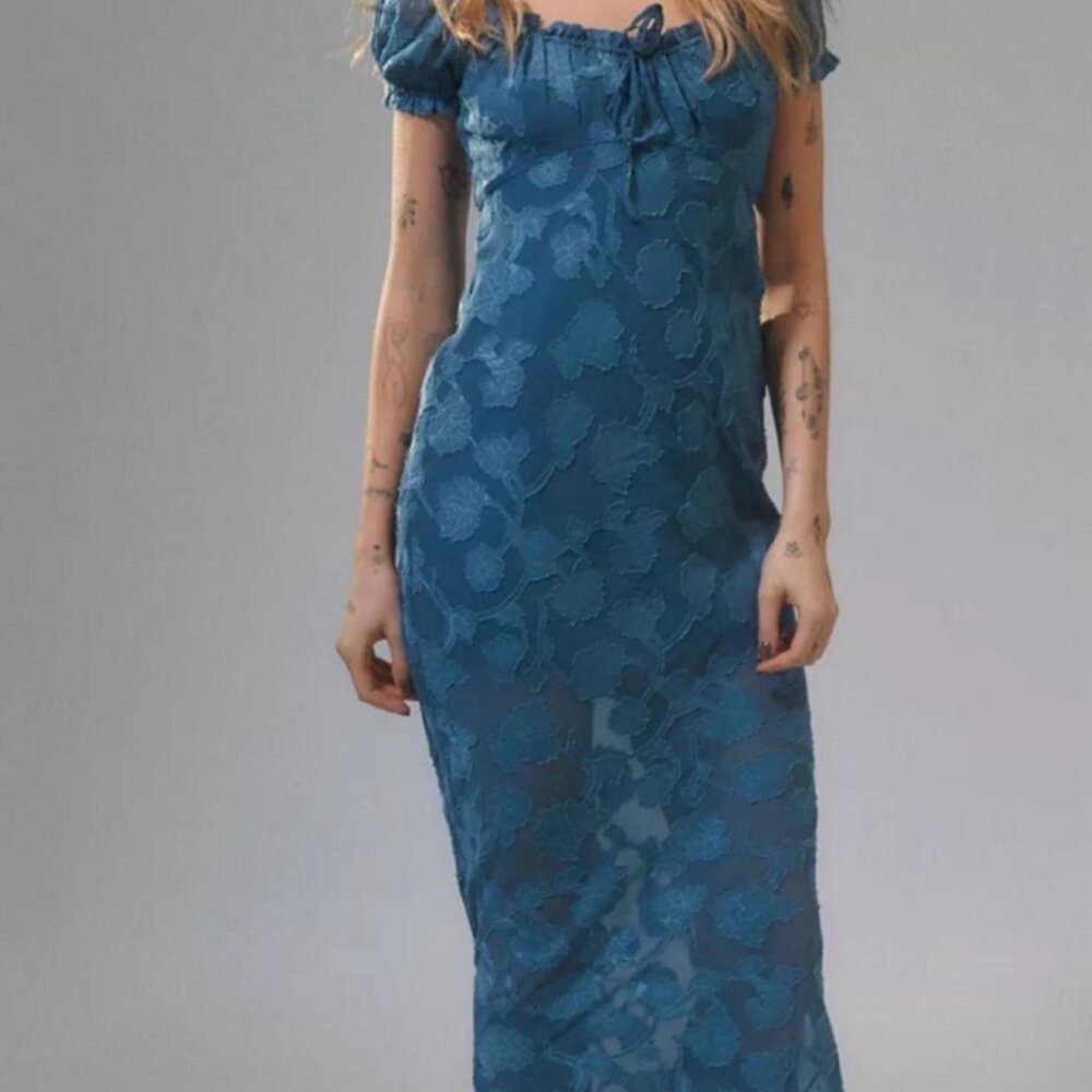 Urban Outfitters Blue Maxi Sundress with Puff Cap Sleeves